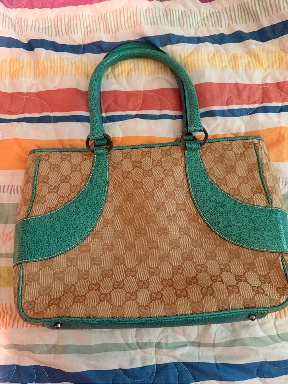 Gucci Abbey Tote   Beige GG Canvas Tote with Teal Leather Accents